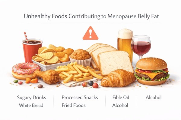 foods that worsen menopause belly fat such as sugary drinks and processed snacks
