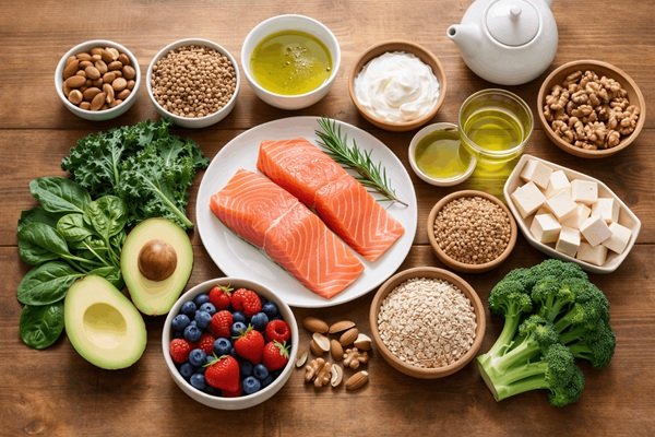 healthy foods for menopause belly fat including salmon avocado berries and leafy greens
